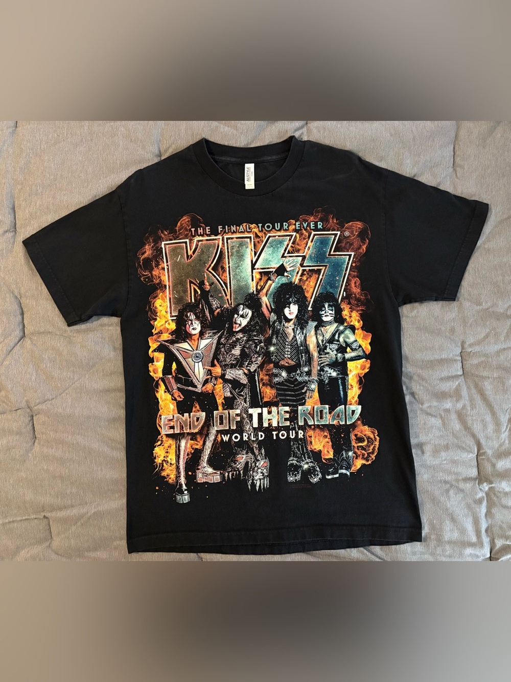 Alstyle Black KISS Graphic Tee with Orange Flames and Blue Logo